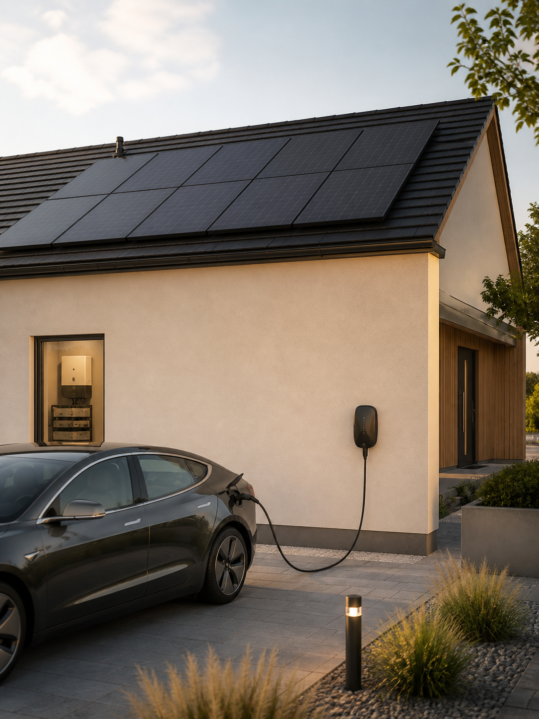 Moderní rodinný dům s fotovoltaikou a elektromobilem připojeným k nabíječce